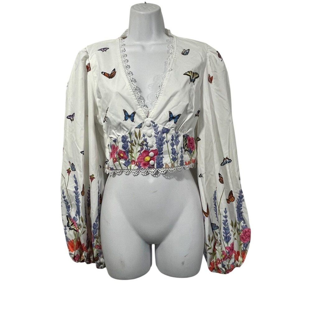 Shein Womens Cropped Blouse White Butterflies Floral Balloon Sleeves Size L